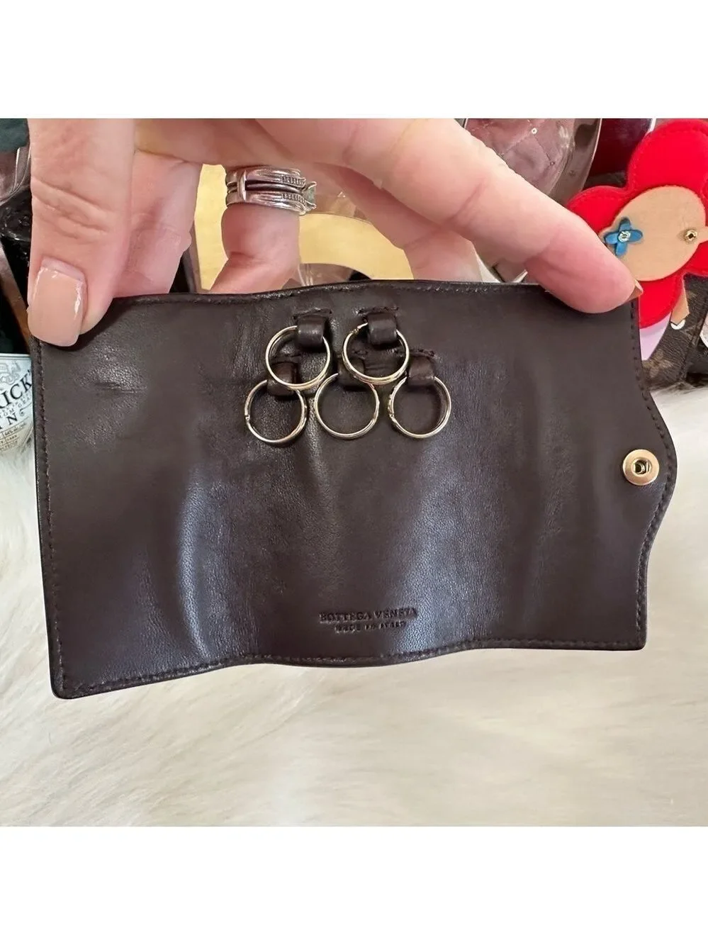 AUTHENTIC BOTTEGA VENETA INTRECCIATO WOVEN BROWN LEATHER 5 RING KEY CASE ITALY